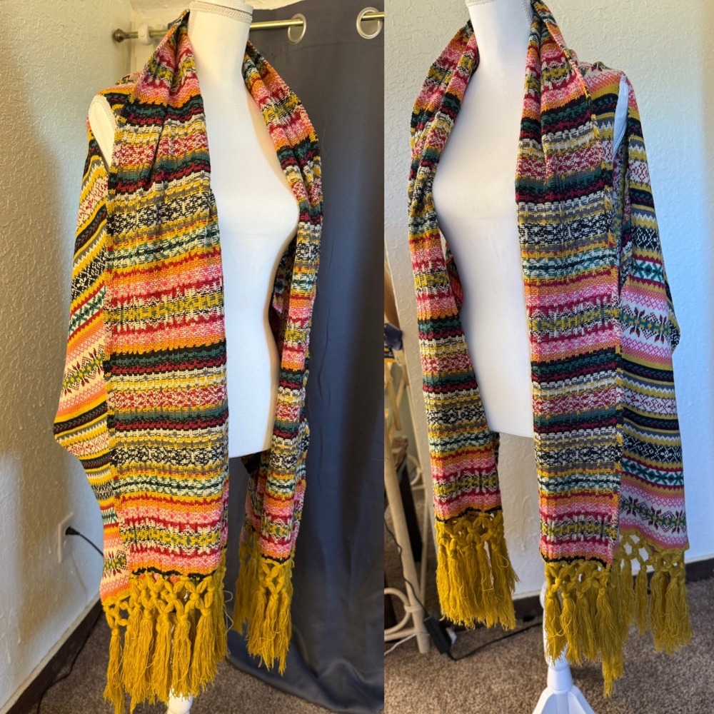 Ivy Jane Multi Color Fair Isle Knit Poncho Wrap Tassel‎ Fringe One Size